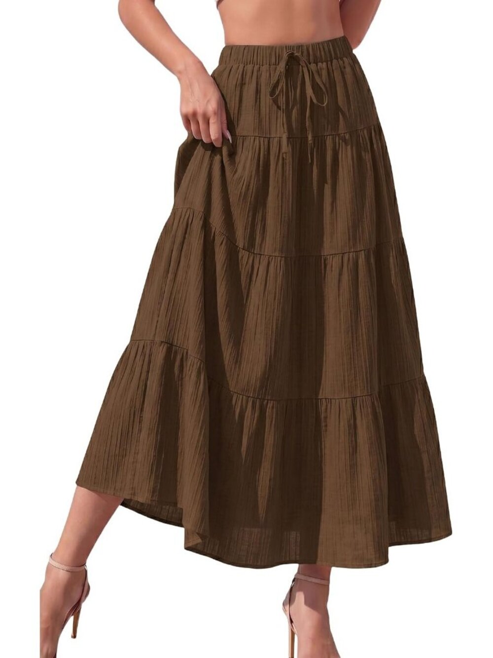 Women Brown Boho Flowy Tiered Ruffle Elastic High Waist Pull On Long Skirt